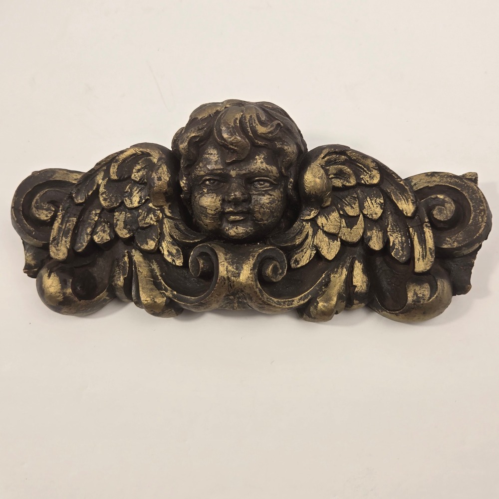 Baroque Winged Cherub Angel Wall Plaque Dense Gypsum Black Gold